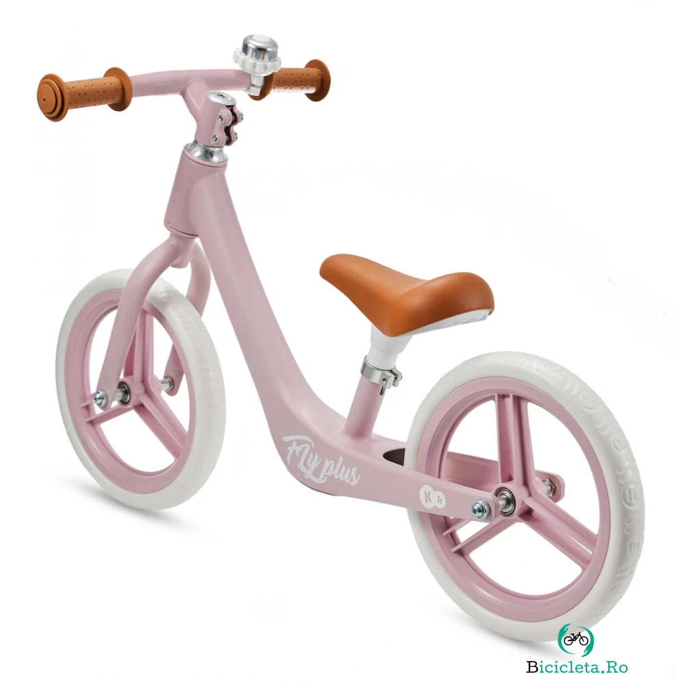 Bicicleta fara pedale Kinderkraft Fly Plus Powder Pink cu scaun reglabil pe inaltime, cadru usor din magneziu, roti din spuma Eva, sarcina maxima 35 kg