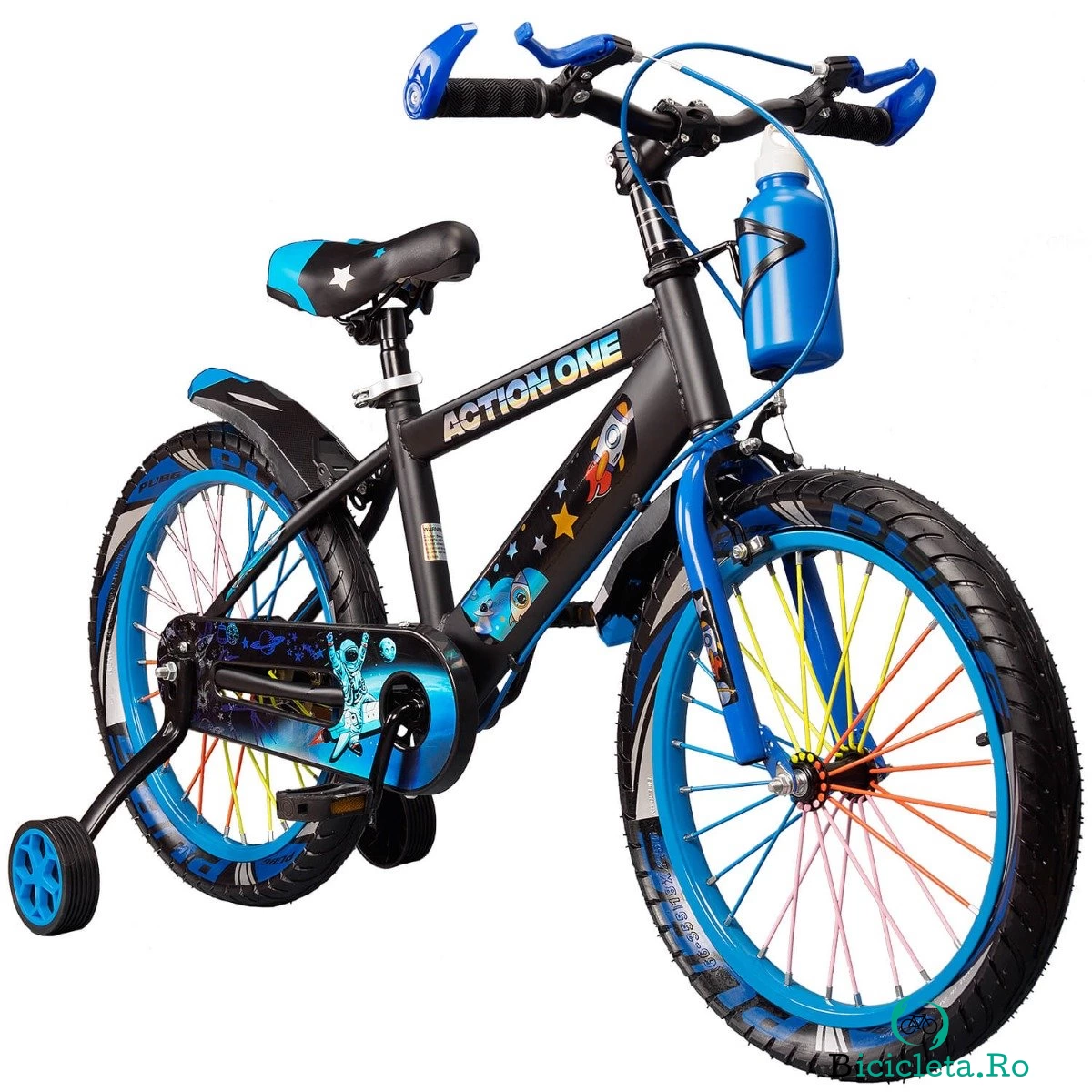 Bicicleta cu roti ajutatoare si bidon pentru apa Genesis II, Action One, 16 inch, Albastru