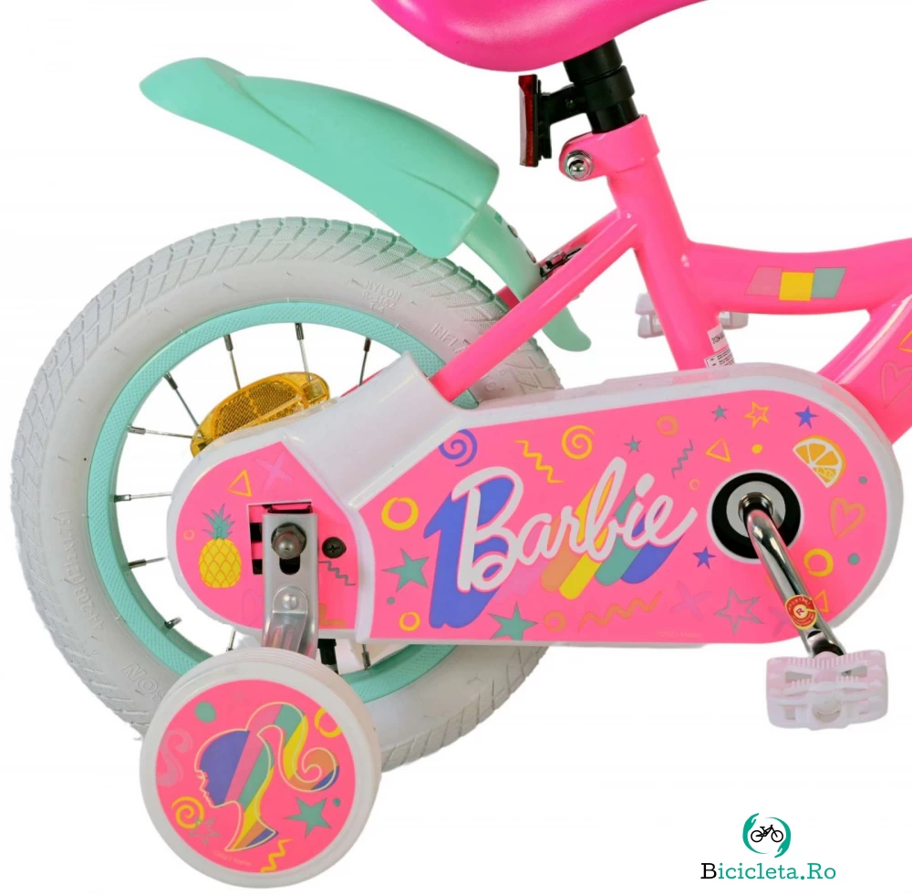 Bicicleta EL Barbie 12 inch, roti din cauciuc gonflabile, roti ajutatoare, scaun si ghidon ajustabile