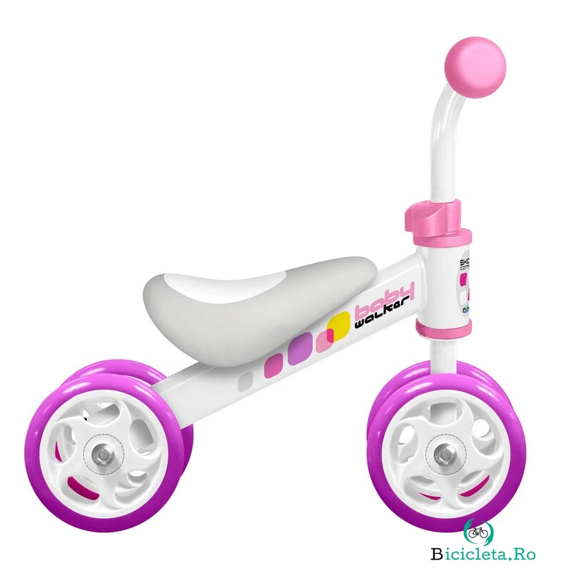 Bicicleta fara pedale, Skids, Baby Walker, Cu 4 roti din spuma, Pana la 20 kg, Otel, Manere moi, 12 luni+, Purple/White