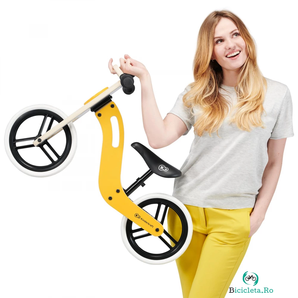 Bicicleta de echilibru din lemn Kinderkraft Uniq Honey cu scaun moale reglabil, roti din spuma EVA, maner pentru transport, pana la 35 kg